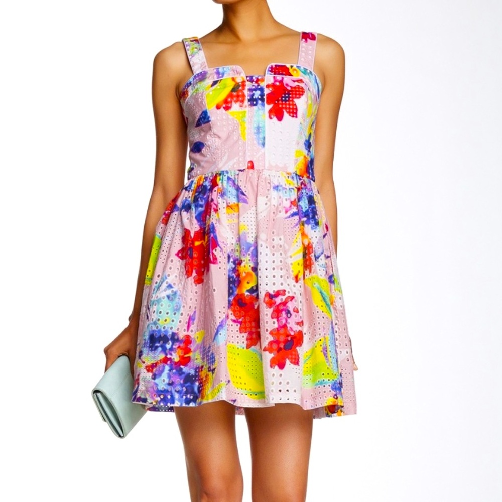 Trina Turk Elin Watercolor Eyelet Pink & Orange Colorblock  Fit & Flare Dress-8